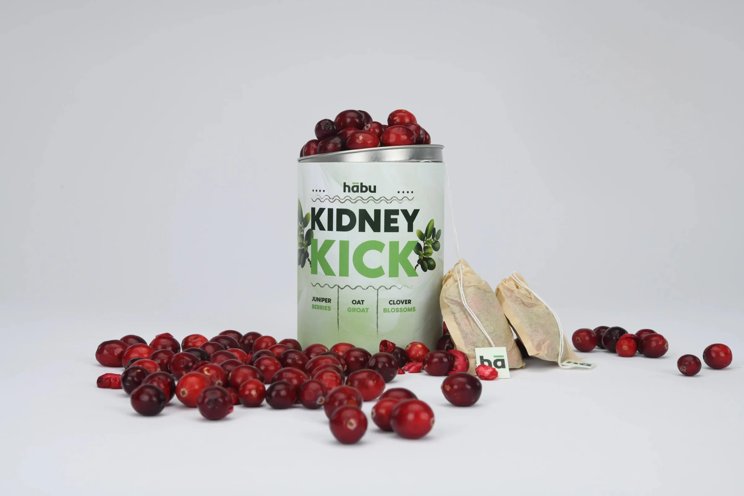 A Kidney Kick tin topped with cranberries, more scattered in front of it, with two Habu tea bags leaning on the tin.